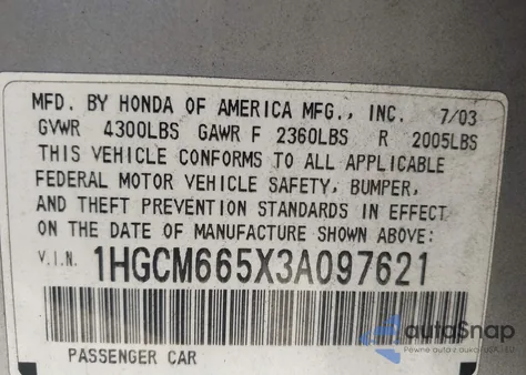 2003 Honda Accord 3.0 Ex from USA, damaged, VIN 1HGCM665X3A097621